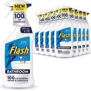 Flash Bathroom Cleaner Spray, 8 Litres (800 ml x 10), Limescale Remover & Long Lasting Shine With Febreze Freshness