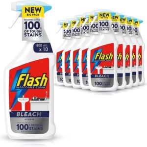 Flash Bleach Spray Multi Purpose Cleaner, 8 Litres (800 ml x 10), Stain & Grease Remover, Eucalyptus Scent
