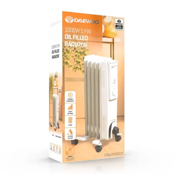 Daewoo 1000W Oil Filled Electric Radiator - White - Image 4