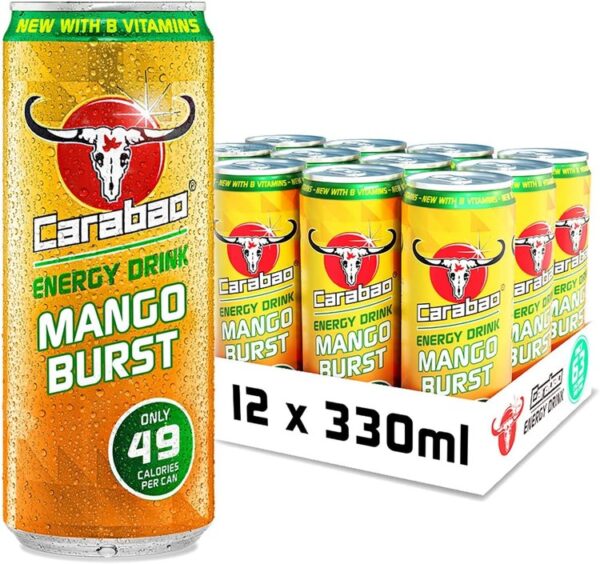Carabao Energy Drink Mango Burst, 12 x 330ml Cans Case.