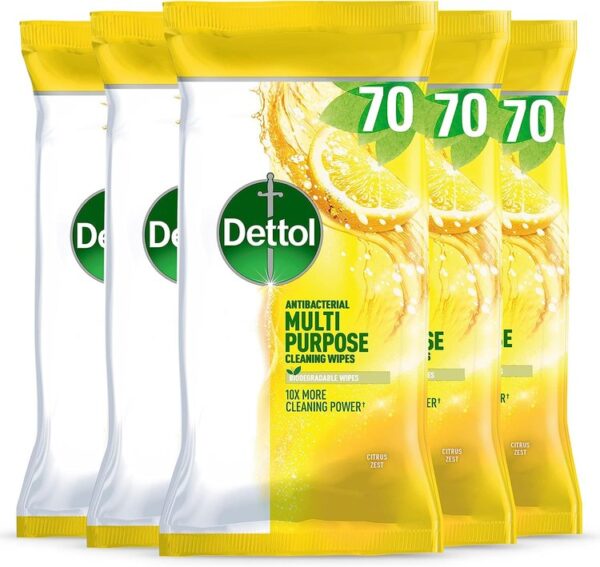 Dettol Antibacterial Multipurpose Cleaning Disinfectant Wipes, Citrus Zest, Multipack Of 5 X 70, Total 350 Wipes