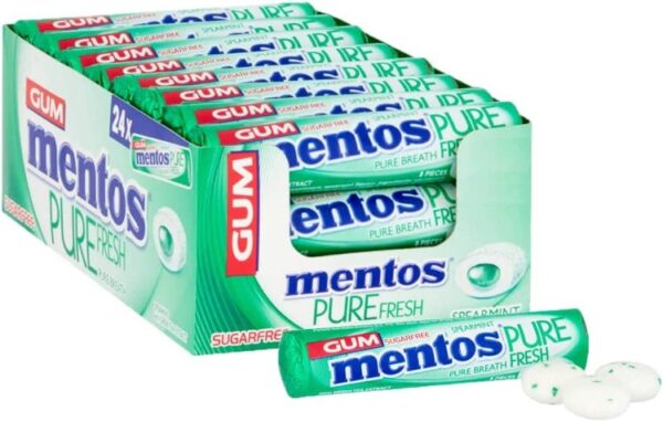 Mentos Gum Pure Fresh Spearmint 8 Piece Roll (Pack Of 24 Rolls)
