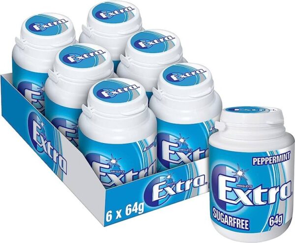 Extra White Chewing Gum Bottle, Sugar Free, Peppermint Flavour, 6 Packs of 60 Pieces