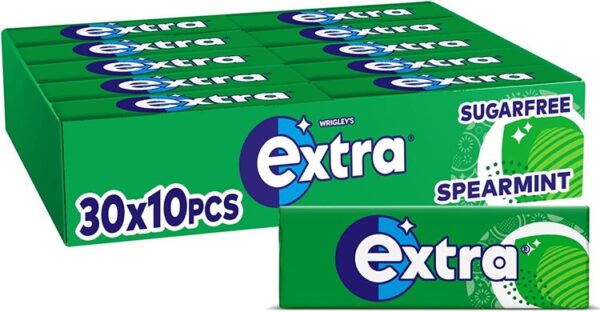 Extra Chewing Gum, Sugar Free, Spearmint Flavour, Chewing Gum Bulk, 30 Packs of 10 Pieces