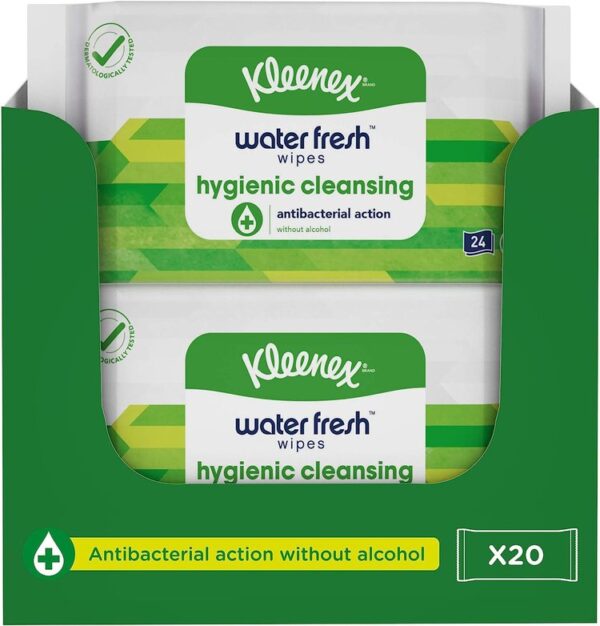 Kleenex Hygienic Cleansing Fresh Water Wipes - 20 Packs of Wipes - Antibacterial Action Without Alcohol - Enriched with 95% Pure Water